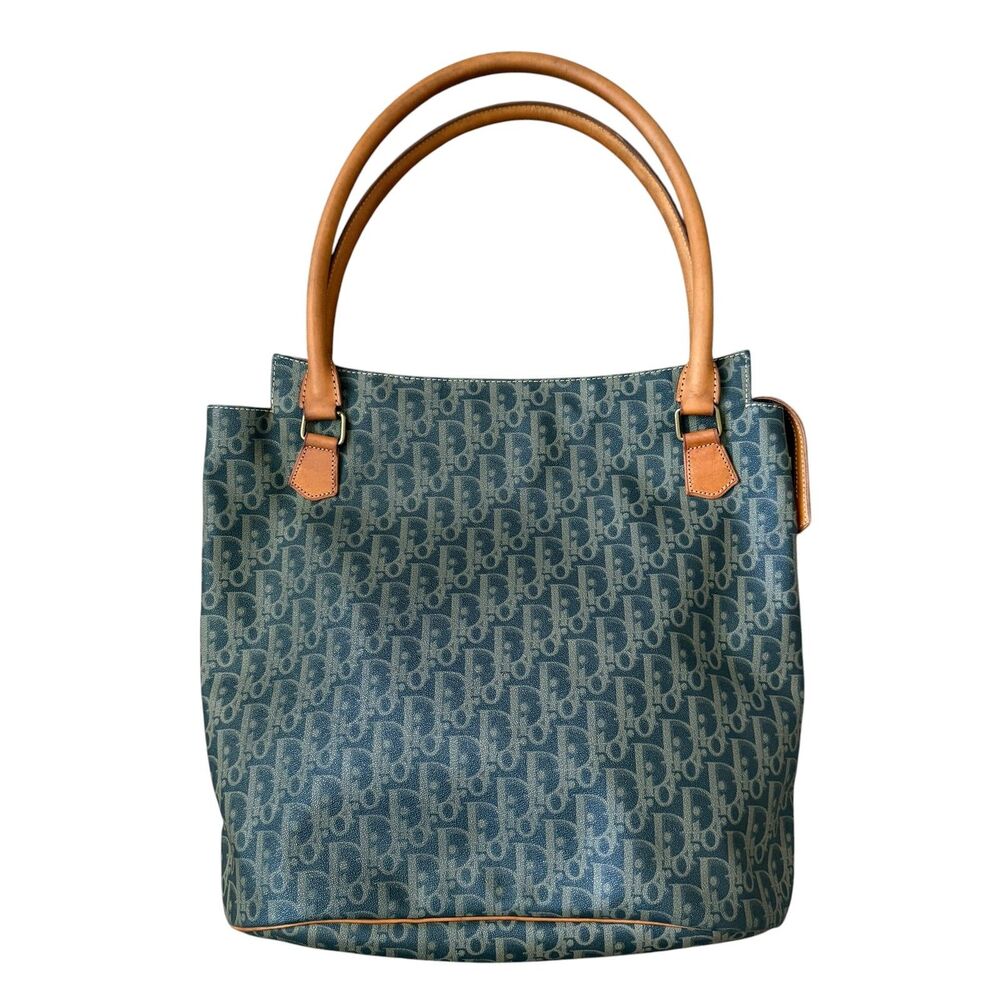 Dior vintage blue oblique cavas and leather shoulder bag authentic with COA